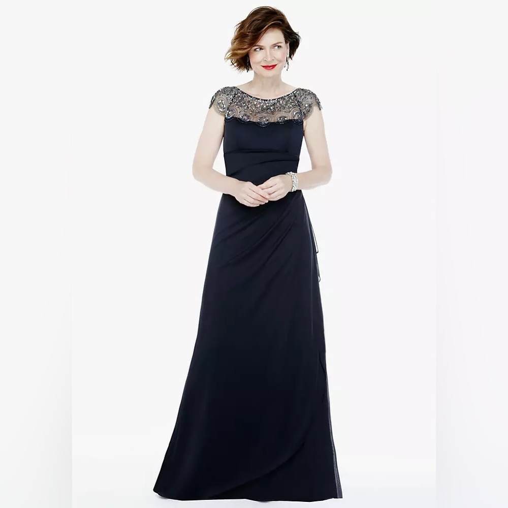 Long Matte Jersey Dress with Illusion Neckline